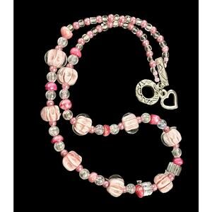 VTG Murano GLASS BEAD NECKLACE Pink Flower Clear Pearlescent Beaded Toggle Clasp